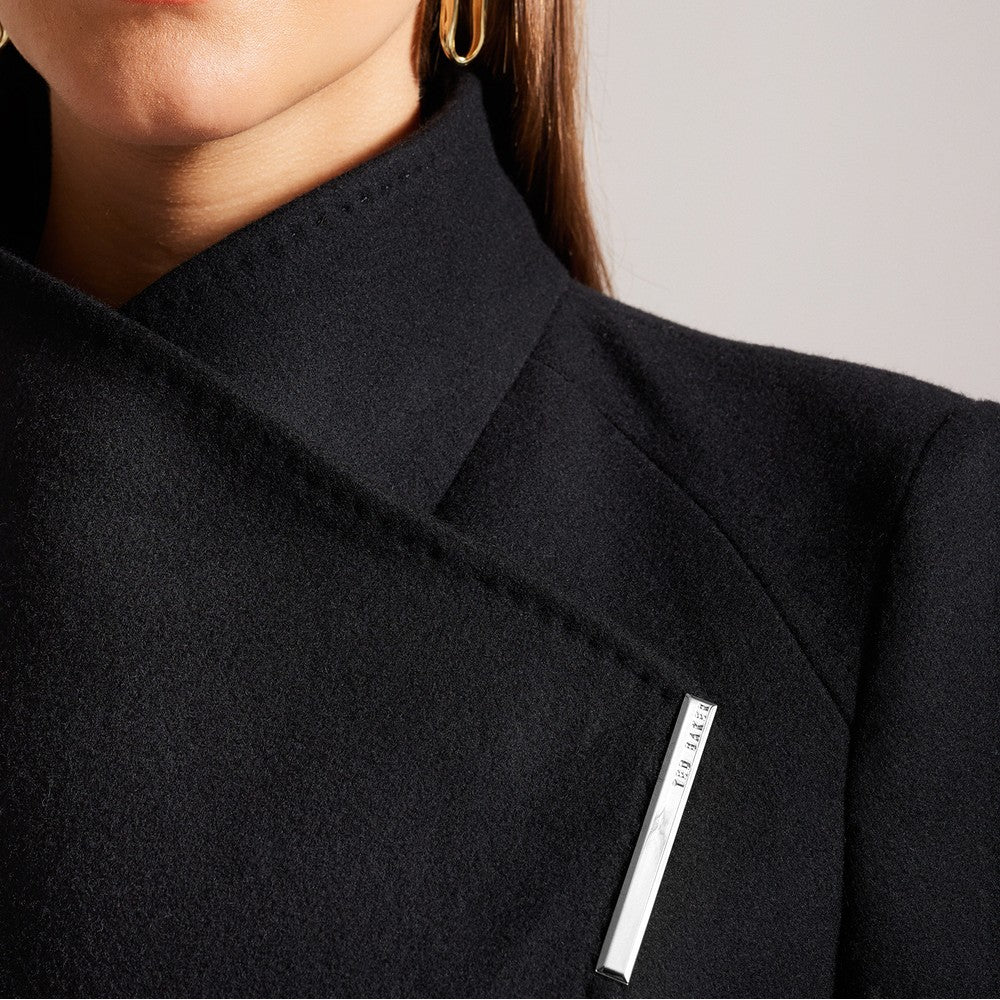 Womens Black Rose Midi Length Belted Wool Wrap Coat