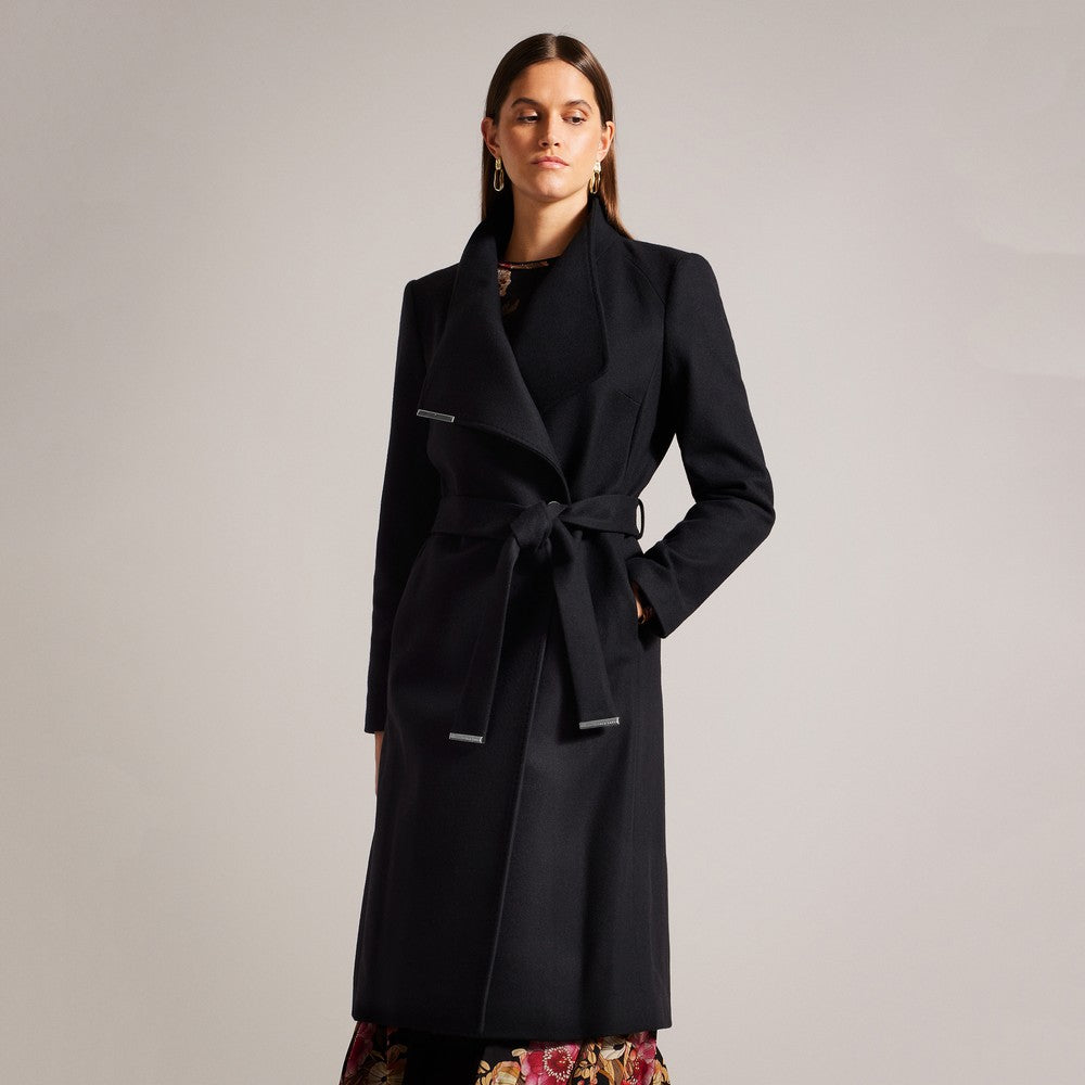 Womens Black Rose Midi Length Belted Wool Wrap Coat