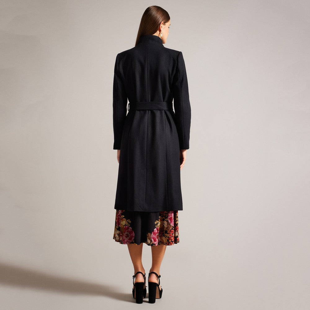 Womens Black Rose Midi Length Belted Wool Wrap Coat