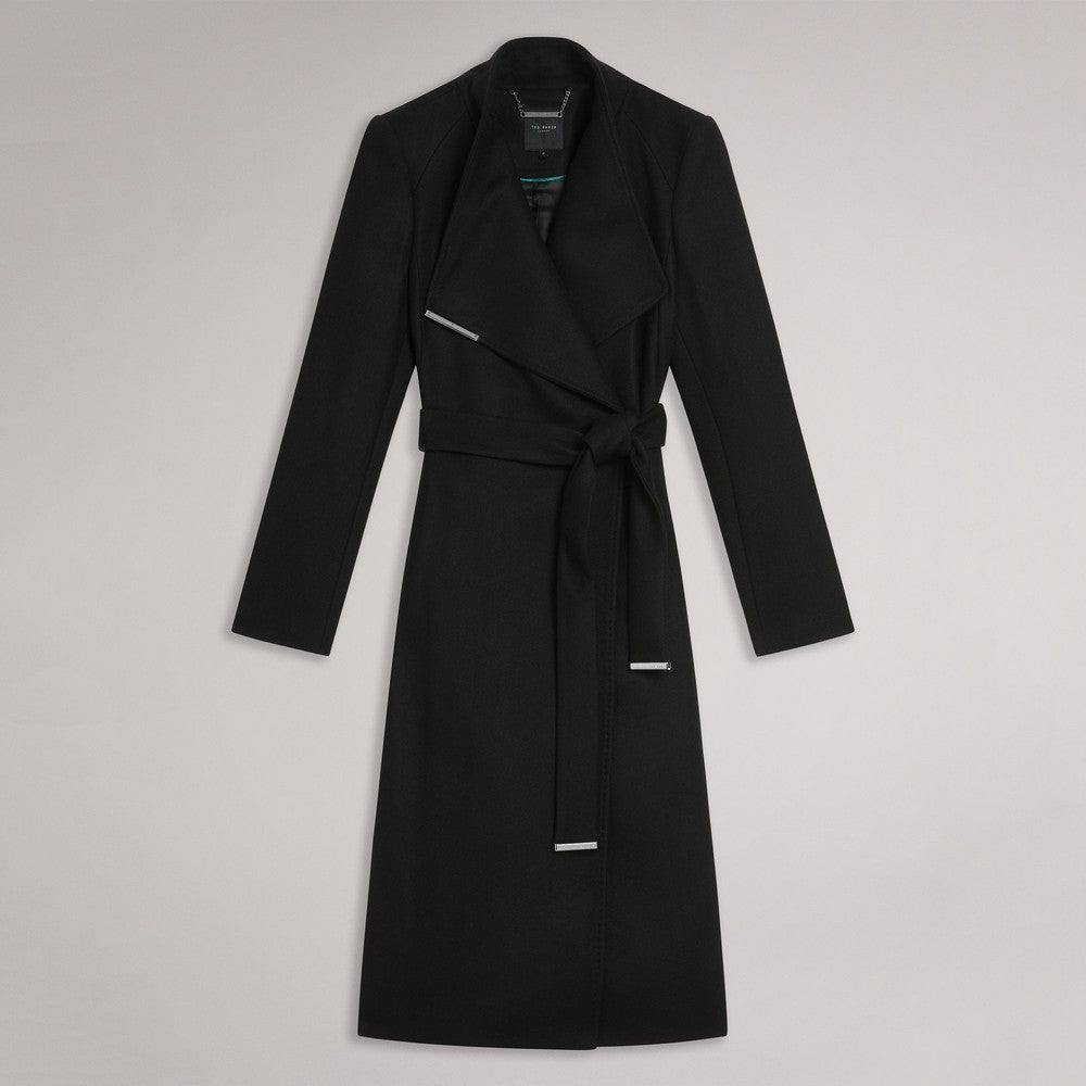 Womens Black Rose Midi Length Belted Wool Wrap Coat